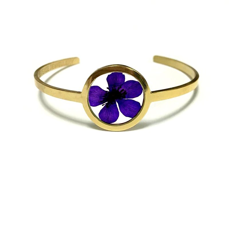 Pressed Flower Golden Stainless Steel Bangle - Bracelets - Other Metals Purple