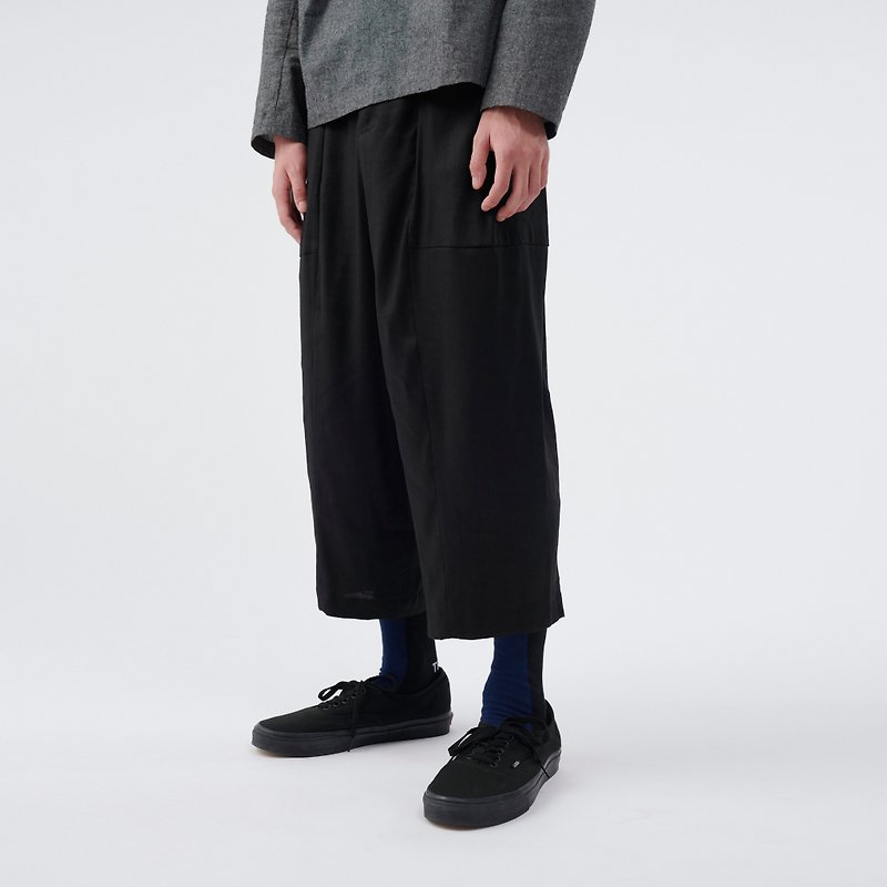 Hemp spliced cropped trousers - กางเกงขายาว - ผ้าฝ้าย/ผ้าลินิน สีดำ