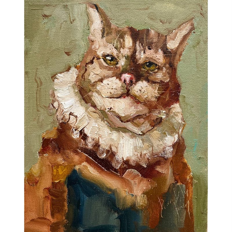 Cat Portrait Cat Oil Painting White Cat ArtWork Cat Lovers Gift Cat Portrait - ตกแต่งผนัง - วัสดุอื่นๆ สีแดง