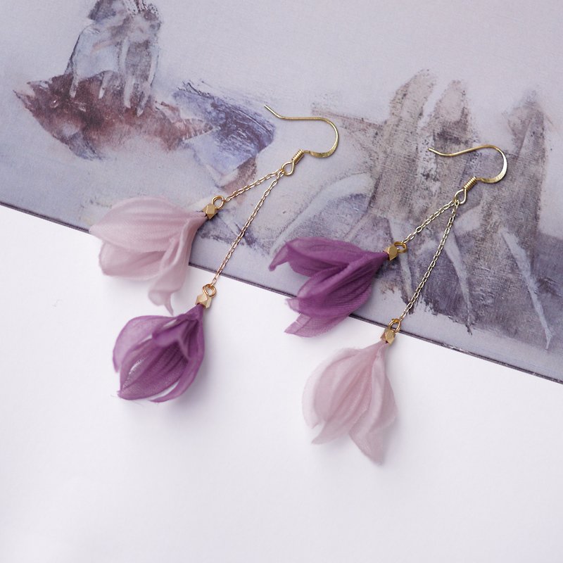Ruth 紫粉色水蜜桃紗氣質雙鏈垂墜耳環 - 耳環/耳夾 - 其他材質 紫色