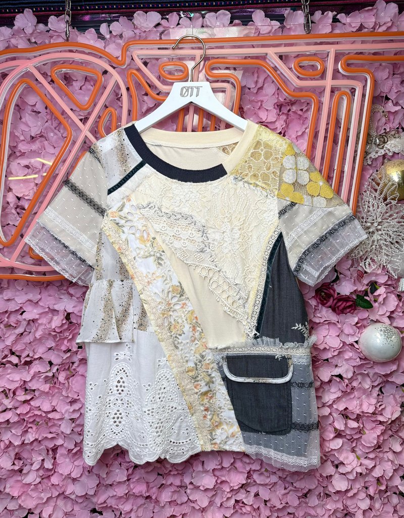 OTT One-of-a-Kind • Unique Japanese-inspired Cream Yellow & Grey Embroidered Lace Pleated Floral Blouse - Women's Tops - Cotton & Hemp Yellow