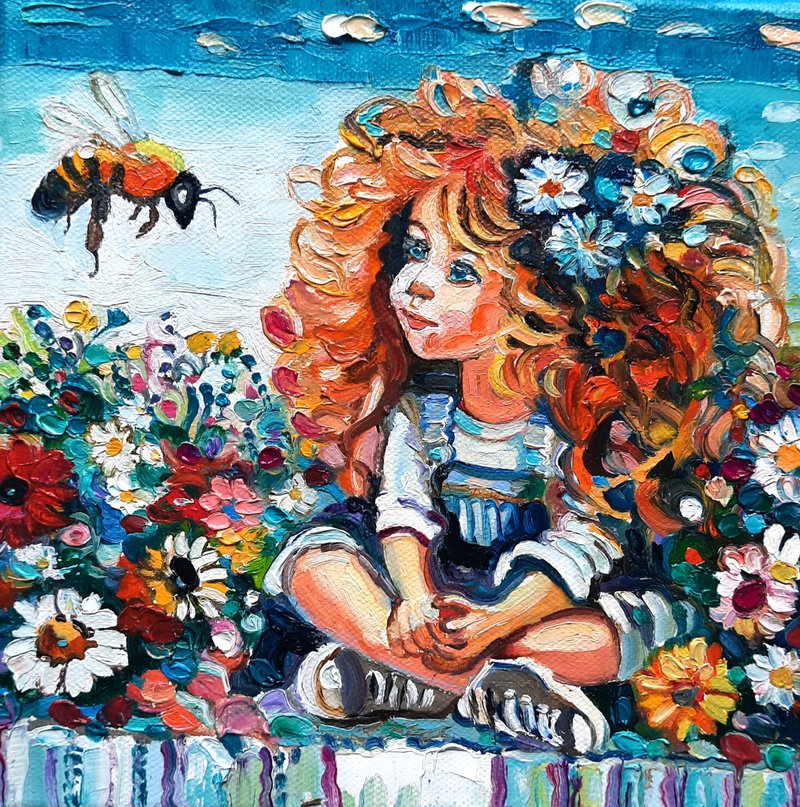 Girl and Bee Painting Original Art Small Impasto Oil Painting on Canvas - ตกแต่งผนัง - วัสดุอื่นๆ สีน้ำเงิน