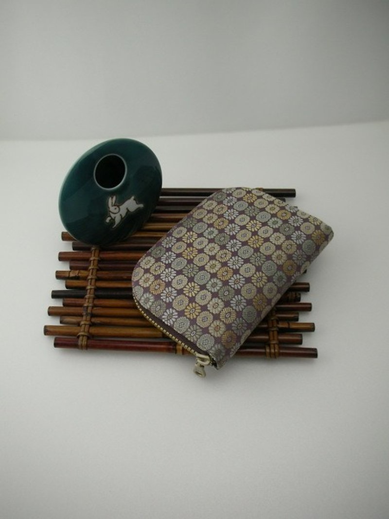 Jingxi array gold jin is silk "purple ground brocade" - short clip / wallet / coin purse / gift *** last *** - กระเป๋าสตางค์ - ผ้าไหม สีกากี