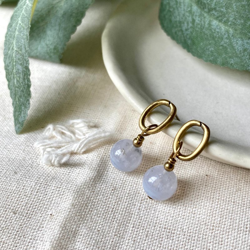 老林雜貨 | 藍紋瑪瑙黃銅耳環(針式/夾式) - 耳環/耳夾/耳骨夾 - 銅/黃銅 金色