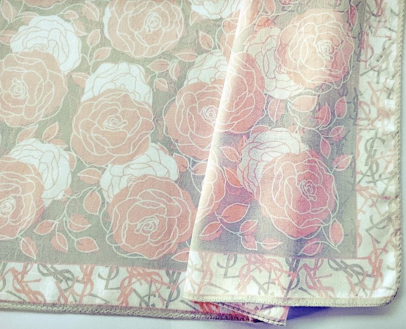 Yves Saint Laurent Vintage Scarf Woven Fabric Roses 23 x 23 inches - ผ้าพันคอ - ผ้าฝ้าย/ผ้าลินิน สึชมพู