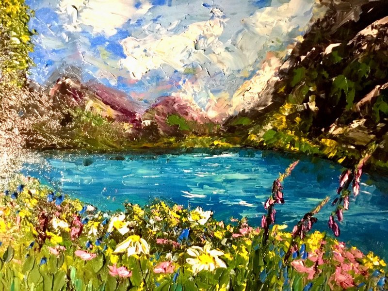 Peaceful mountains landscape,original textured oil painting on canvas board - 壁貼/牆壁裝飾 - 其他材質 藍色