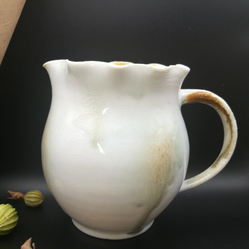 hand-thrown/wood-fired/pitcher/natural ash glaze/flame marks/ideal gift/keepsake - Teapots & Teacups - Pottery White