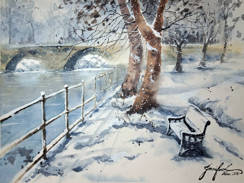 河畔雪景水彩畫 - 海報/掛畫/掛布 - 紙 