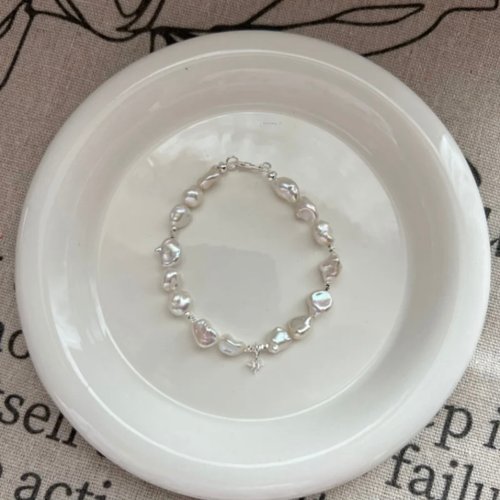 YuanPearl園珍手作 YuanPearl天然極光紫色白色巴洛克珍珠手鍊純銀手鍊
