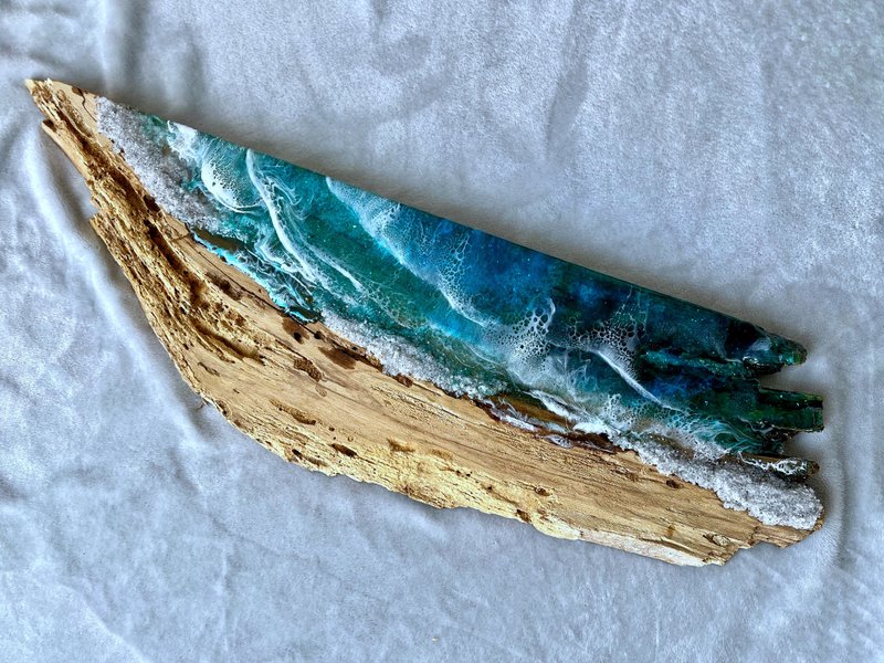 Live edge ocean wall art, 掛畫 ocean wall board, 藍染 resin sea wood slab 客廳 掛畫 - 壁貼/牆壁裝飾 - 樹脂 藍色