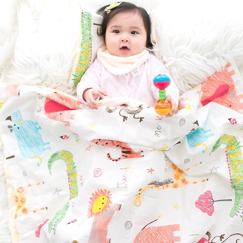 Cutie Bella 美好生活精品館 Minky加厚夾層棉毯枕套裝 點點顆粒 攜帶毯嬰兒毯 鵝黃-叢林