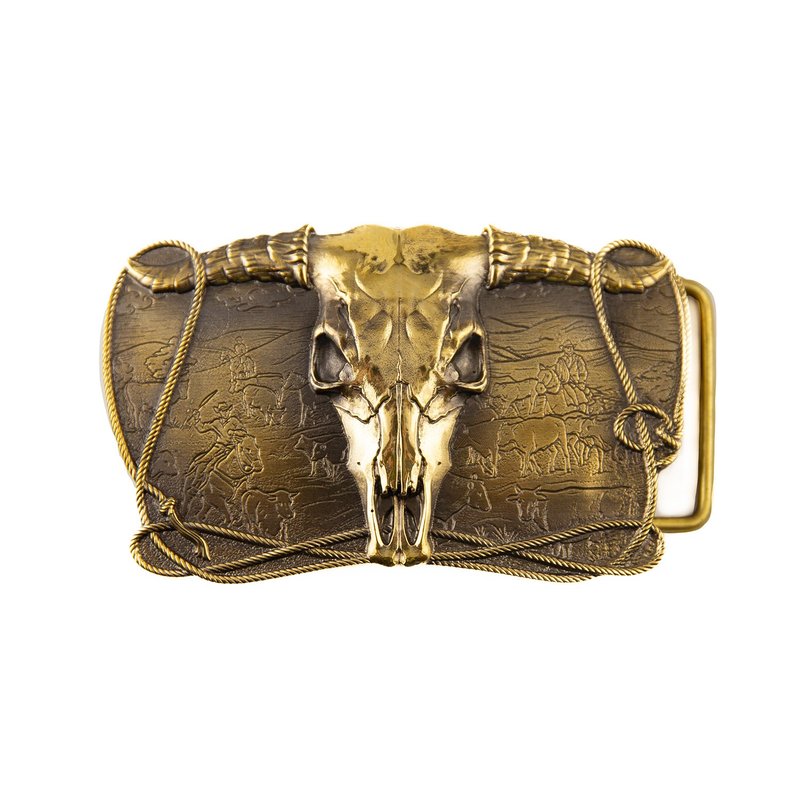 Cowboys Trophy handmade brass buckle, Buffalo Skull, Longhorn, wild west buckle - 皮帶/腰帶 - 其他材質 金色