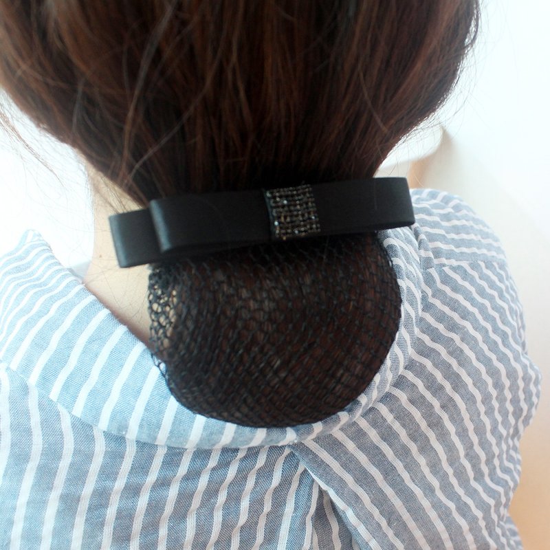 Black Fabric Ribbon Bow black Crystal Rhinestone Hair Bun Net  Cover Barrette - เครื่องประดับผม - วัสดุอื่นๆ สีดำ