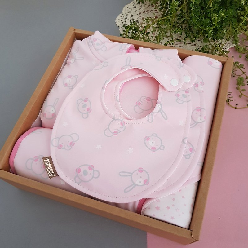 五件組彌月禮 粉色可愛動物 針織棉 最實用品項 獨家手工製作 - 滿月禮物 - 棉．麻 粉紅色