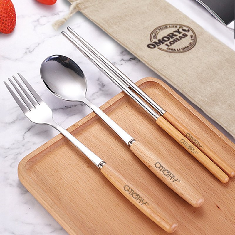 【OMORY】#304 Stainless Steel Japanese style wooden tableware set (with storage bag) - ช้อนส้อม - สแตนเลส 