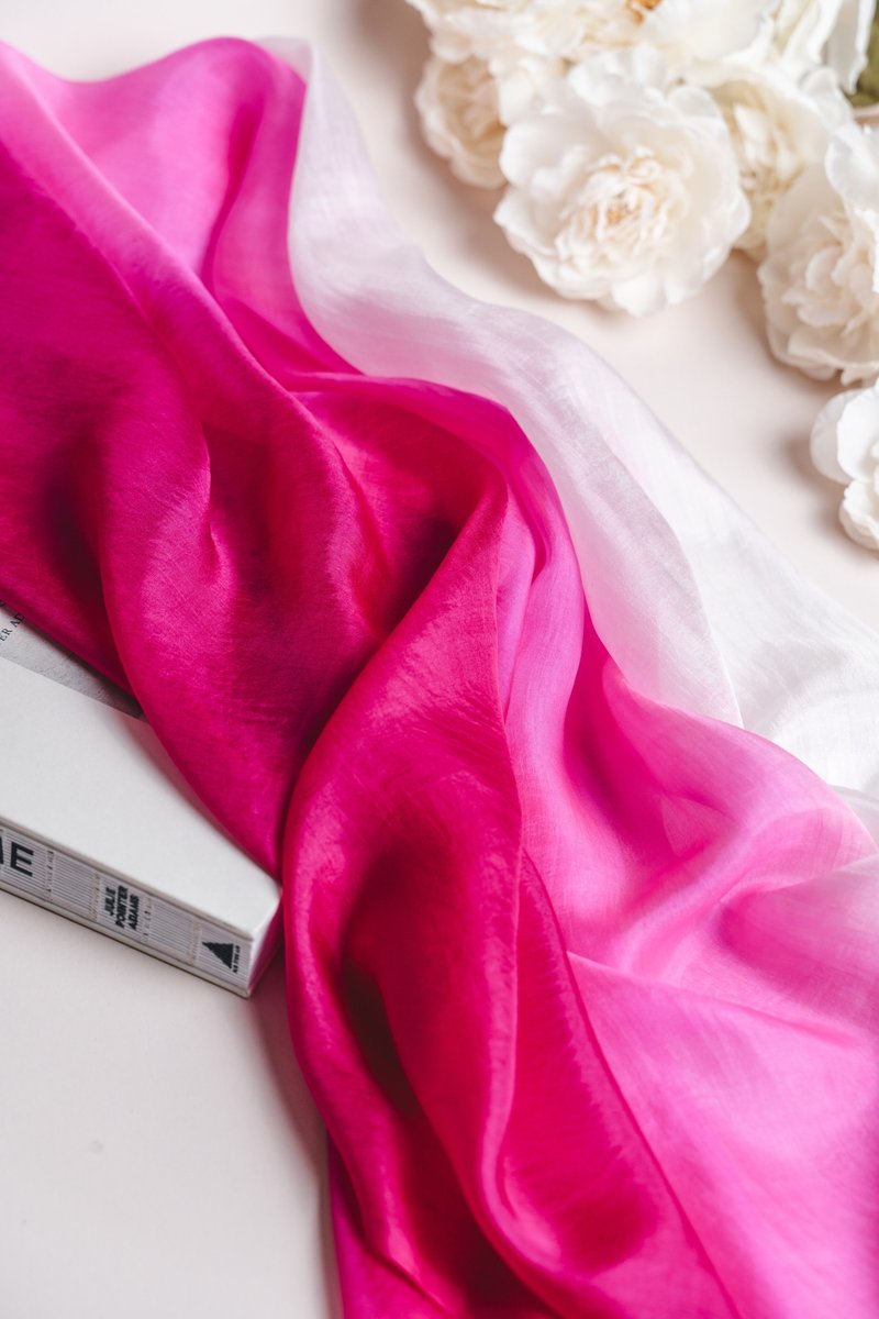 100% Mulberry Silk Scarf – Hand Dyed, Lightweight, Hot Pink Ombre - 絲巾 - 絲．絹 粉紅色