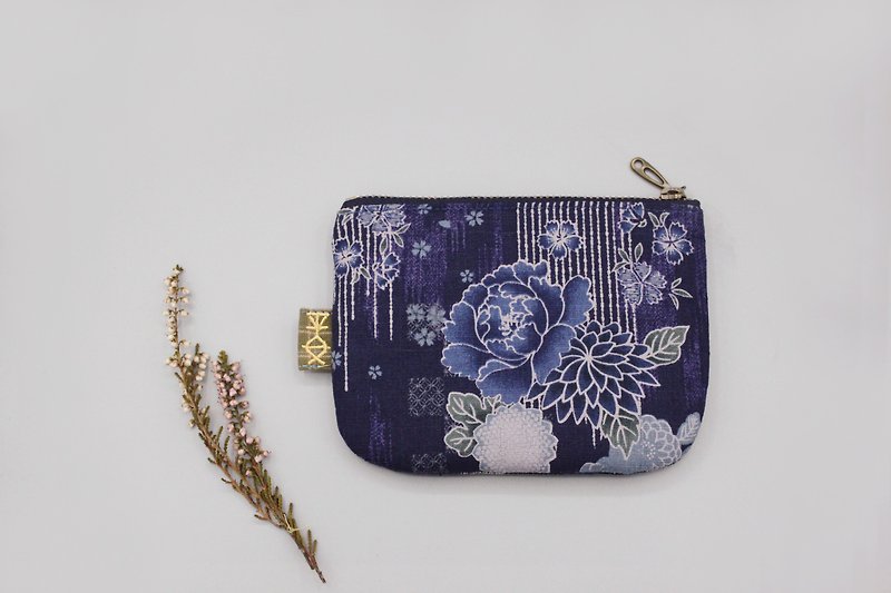 ((Customer Order Exclusive Order Area)) Ping An Xiaole Bag-Washed Pattern Blue Peony Small Wallet, Double Sided - Coin Purses - Cotton & Hemp Blue