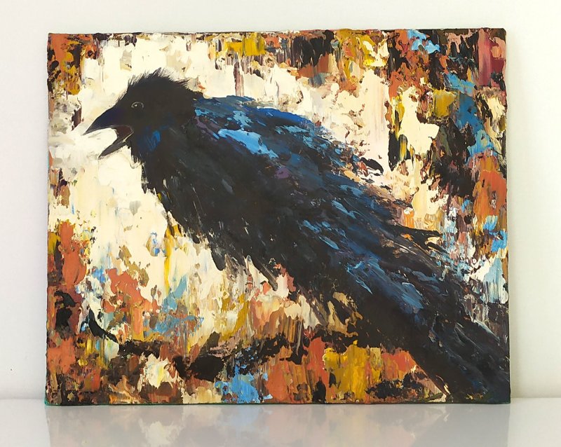 Crow Impasto Oil Painting on Panel Animals Art Bird Painting Black Crow Mini Art - โปสเตอร์ - วัสดุอื่นๆ 