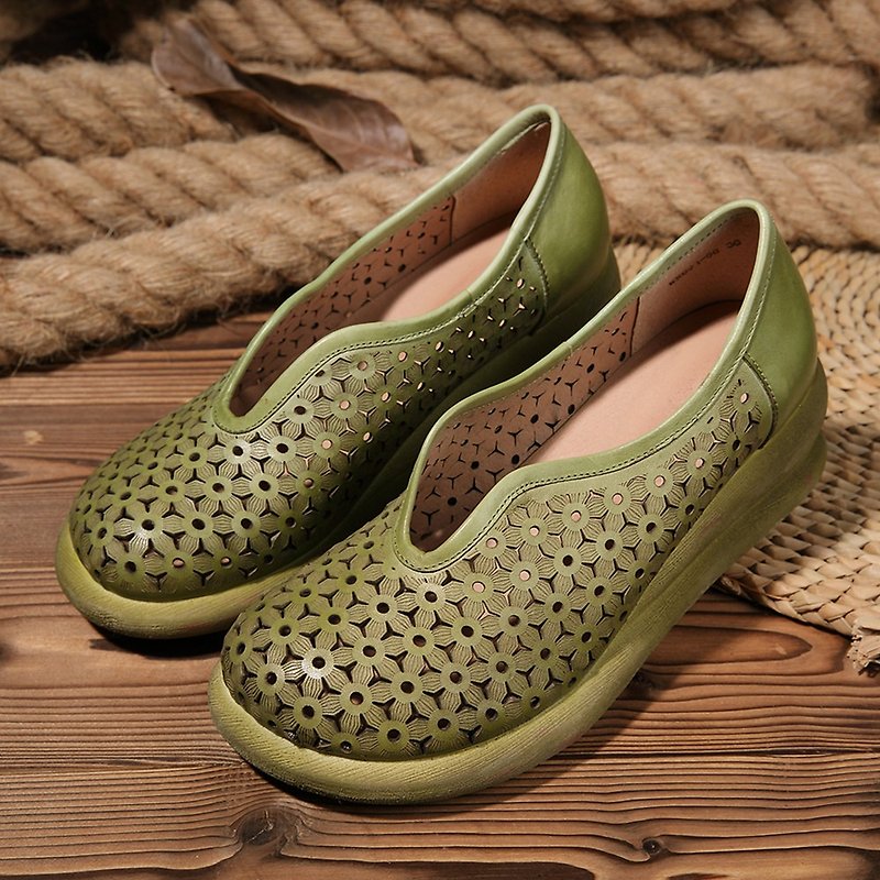 Handmade Leather Platform Shoes Women Fashion Slip On Loafers Hollow Sandal Red - Women's Leather Shoes - Genuine Leather Green