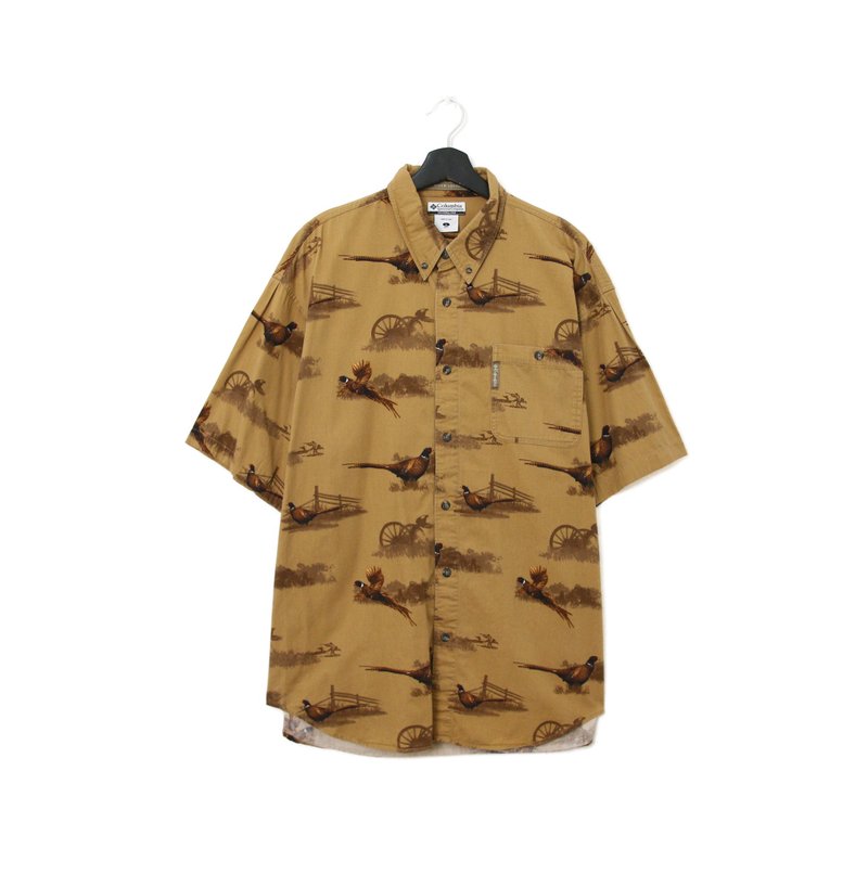 Back to Green- animal print shirt Khaki Columbia bird vintage shirt - เสื้อเชิ้ตผู้ชาย - ผ้าฝ้าย/ผ้าลินิน 