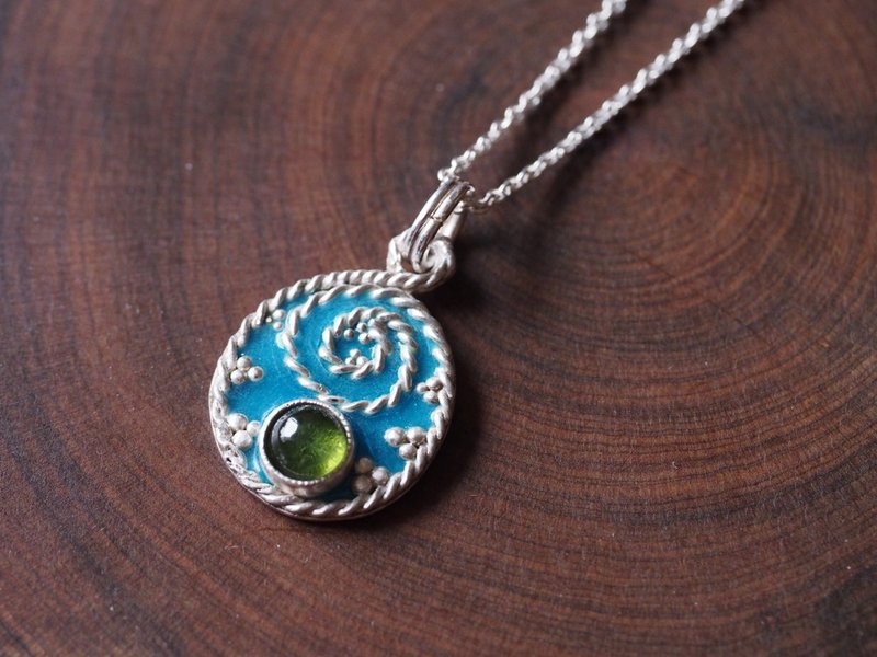 Enamel Qibao burnt grain handmade sterling silver inlaid tourmaline Stone necklace with Silver - สร้อยคอ - วัตถุเคลือบ สีน้ำเงิน