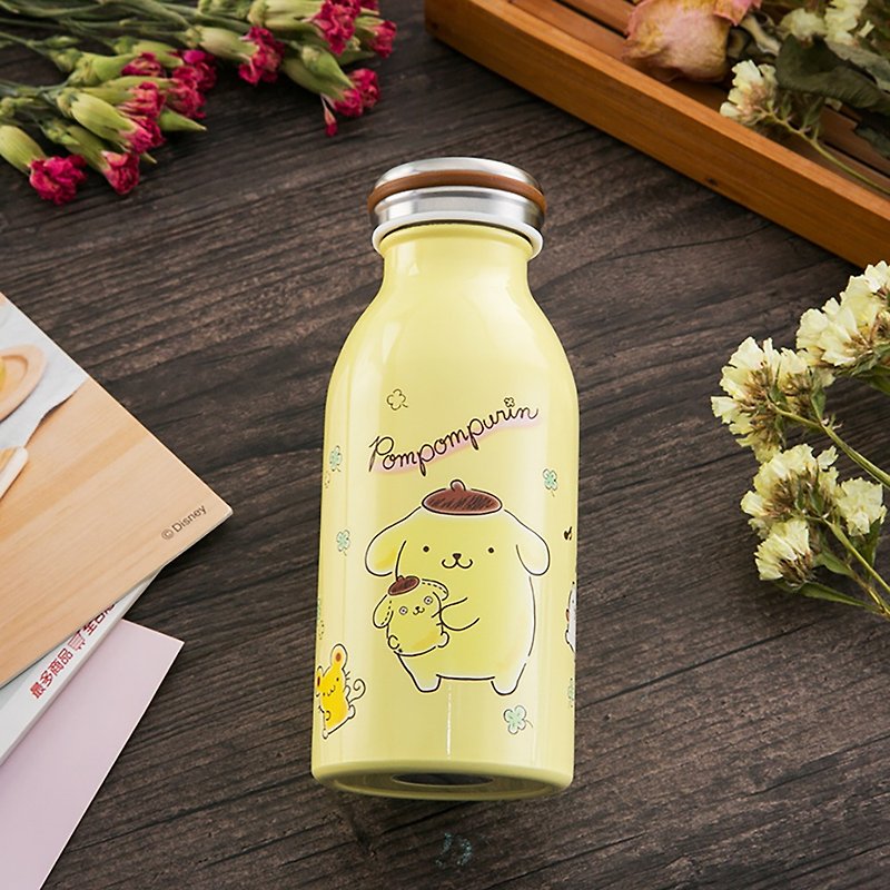 Sanrio authorized long-lasting thermal insulation Stainless Steel milk bottle 350ml pudding dog free cup holder - Vacuum Flasks - Stainless Steel Yellow