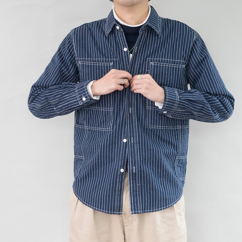 Spring everyday with Japanese trend pocket shirt denim striped shirt shirt - เสื้อเชิ้ตผู้ชาย - ผ้าฝ้าย/ผ้าลินิน สีน้ำเงิน