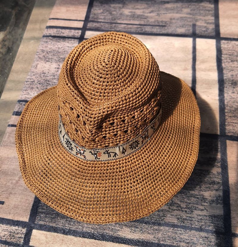 Handmade Crochet Hat Sun Hat Straw Hat Handsome Denim - หมวก - กระดาษ 