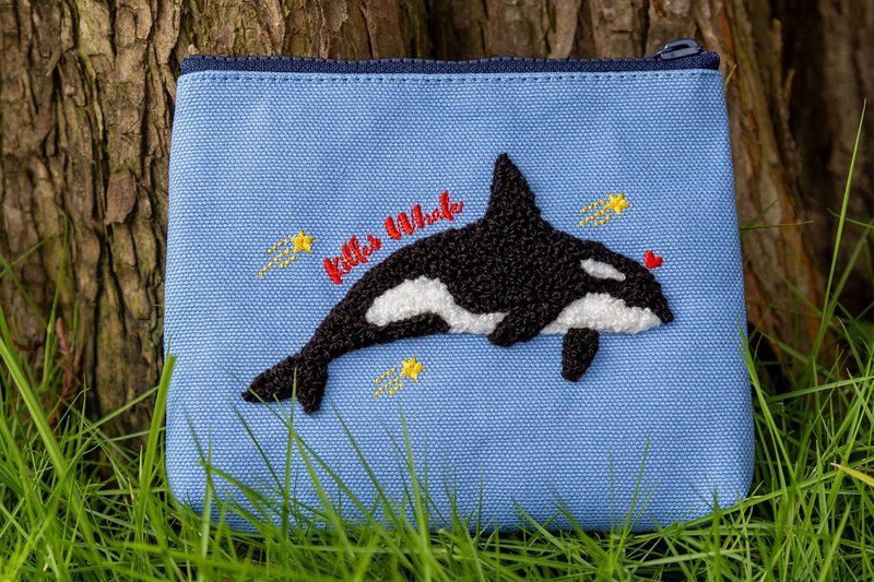 零錢包【虎鯨】海洋系 長毛刺繡 /萬用包 立體刺繡 - 零錢包/小錢包 - 棉．麻 藍色