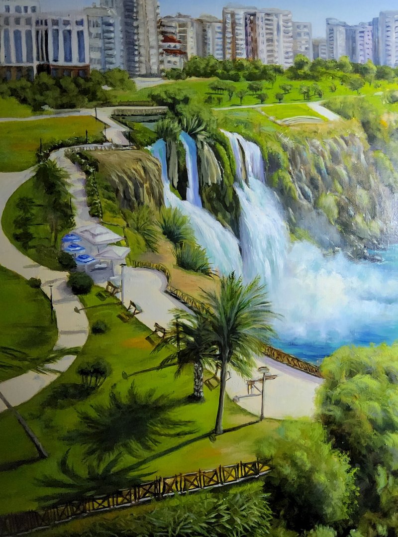 Antalya Waterfall Oil Painting Original Turkish Landscape Canvas Wall Art - 插畫/繪畫/寫字 - 亞麻 