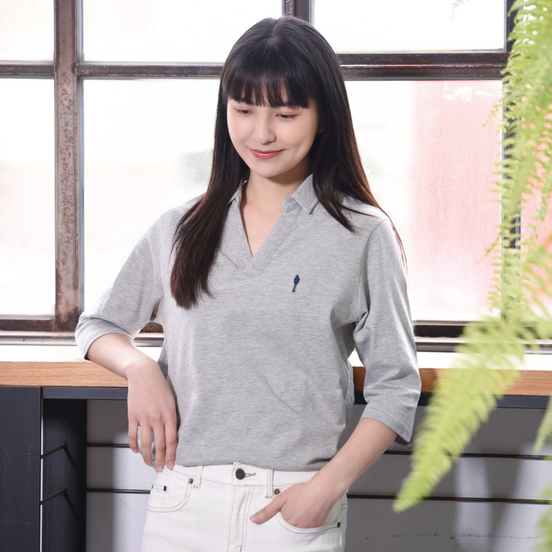 LADY POLO∣Misty Gray Classy Polo ‧ Ultra Soft Cotton ‧ Navy Blue Embroidery - เสื้อผู้หญิง - ผ้าฝ้าย/ผ้าลินิน 