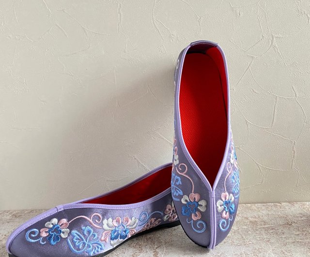 美品　刺繍・バレエシューズ　ブラック・チャイナシューズ チャイナシューズ / 刺繍靴 / フラワー 緑色 - ショップ 小花園