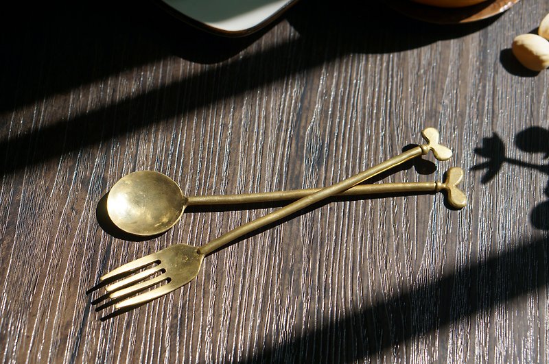 Manual brass sprouts spoon fork shaped alternative copper utensils bronze utensils can be customized - ช้อนส้อม - โลหะ สีใส