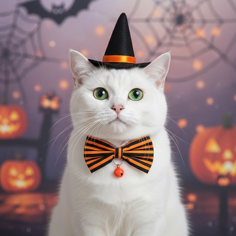 ハロウィンストライプ柄 リボン付きペット用首輪 猫 小型犬 ミニ犬 - 首輪・リード - コットン・麻 オレンジ