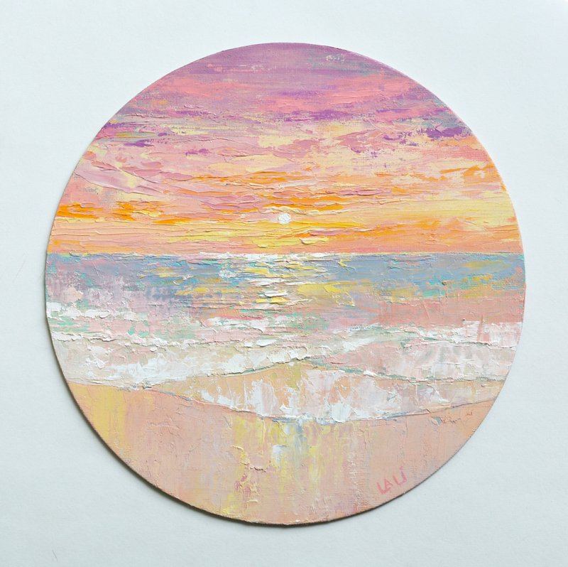 原創油畫 海洋畫 海邊畫 海景藝術 海 24x24cm - 插畫/繪畫/寫字 - 其他材質 粉紅色