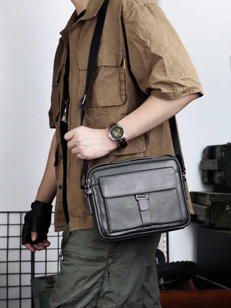 Fashion Genuine Leather Men Crossbody Shoulder Bag Business Travel Messenger Bag - กระเป๋าแมสเซนเจอร์ - หนังแท้ สีดำ