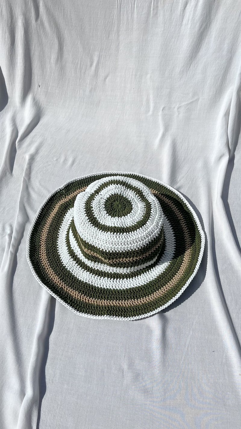 ストライプのかぎ針編みの帽子、グリーン、サマーハット、かわいいかぎ針編みの帽子 - 帽子 - コットン・麻 グリーン