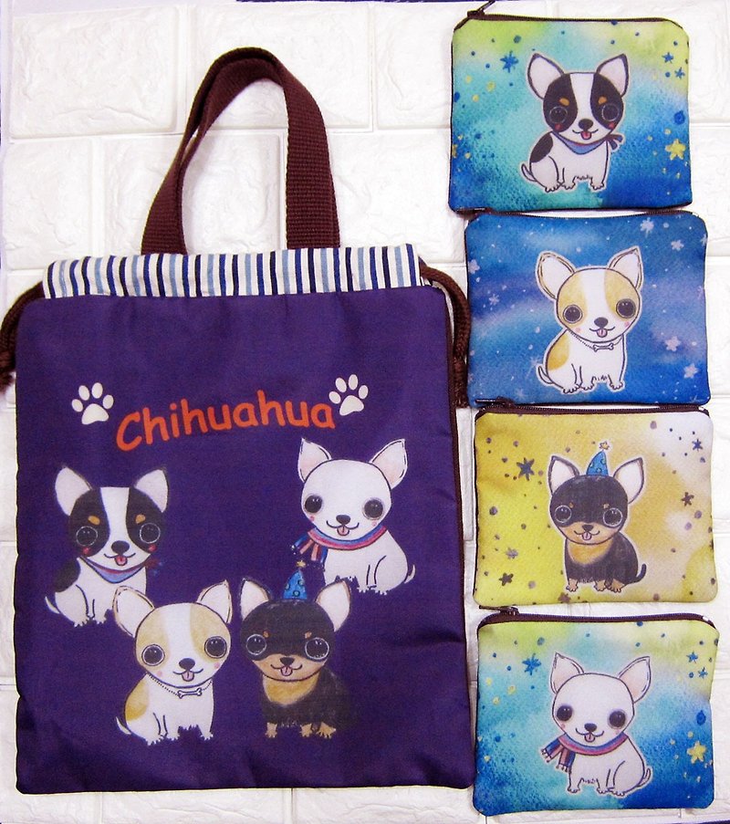 Surprise combination bag Chihuahua drawstring pocket + key bag a Chihuahua - กระเป๋าถือ - ผ้าฝ้าย/ผ้าลินิน หลากหลายสี