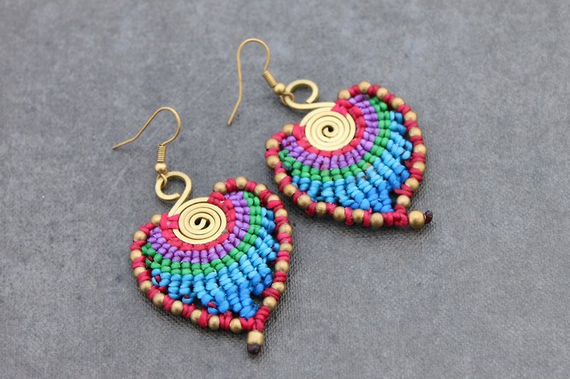 Macrame Earrings Rainbow Leaf Peacock Feather Colorful Dangle Drop - Earrings & Clip-ons - Copper & Brass Multicolor