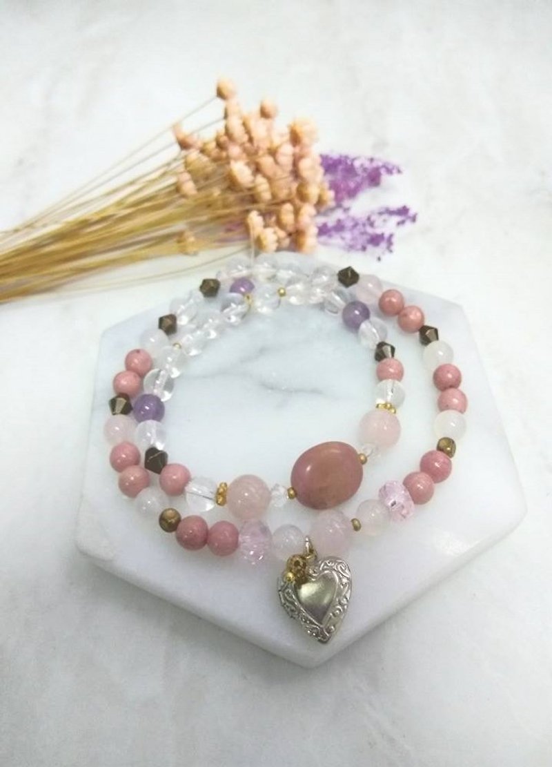 [爱美] Mind small phase box powder crystal amethyst white crystal rose stone two ring bracelet female gift - Bracelets - Crystal Pink