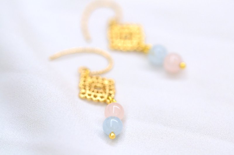 Sweet Candy。Aquamarine Rose Quartz 18k GP Earrings - Earrings & Clip-ons - Crystal Pink