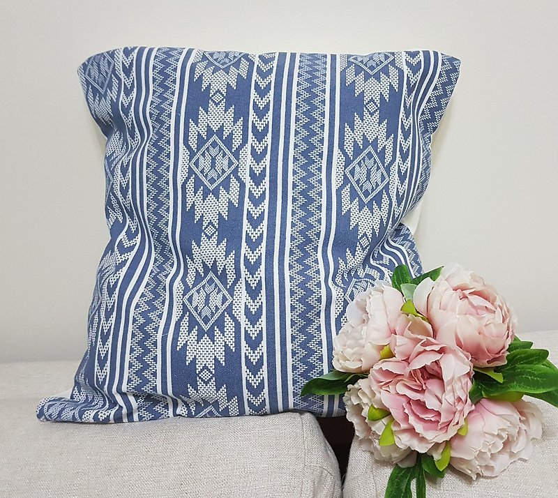 Nordic Ethnic Style Blue Pattern Throw Pillow Pillow Cushion Pillowcase - หมอน - ผ้าฝ้าย/ผ้าลินิน สีน้ำเงิน