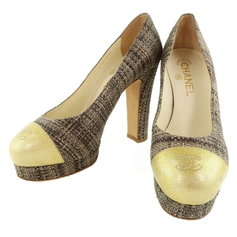 【日本直送】シャネル CHANEL ハイヒール パンプス パテントレザー × ジュート ゴールド/茶 レディース【中古】 - 高跟鞋/跟鞋 - 真皮 金色