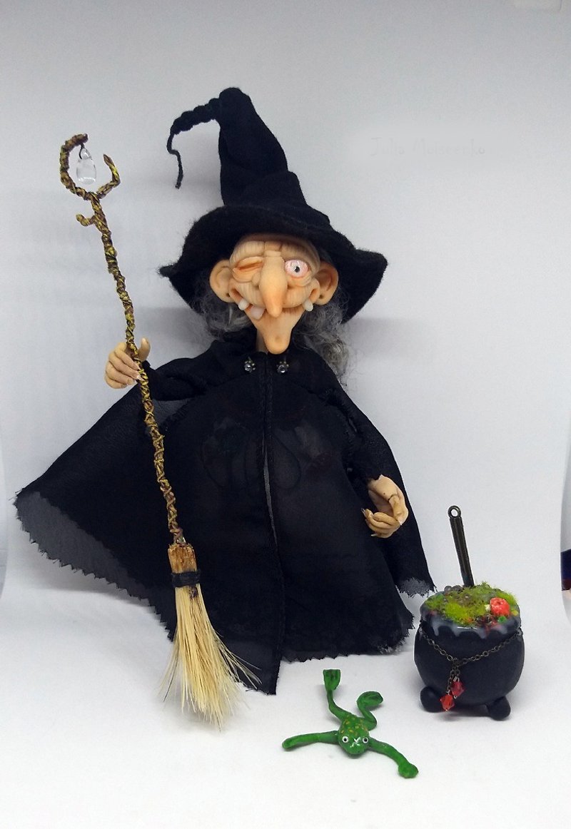Witch with frog and broom and cauldron Miniature Handmade OOAK art doll - Stuffed Dolls & Figurines - Clay 