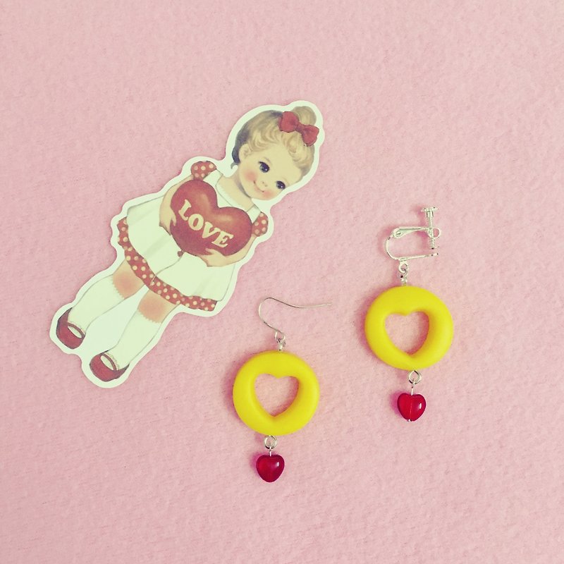 Girl 925 sterling silver heart-shaped earrings ear hook without pierced ear clip - Earrings & Clip-ons - Clay Yellow