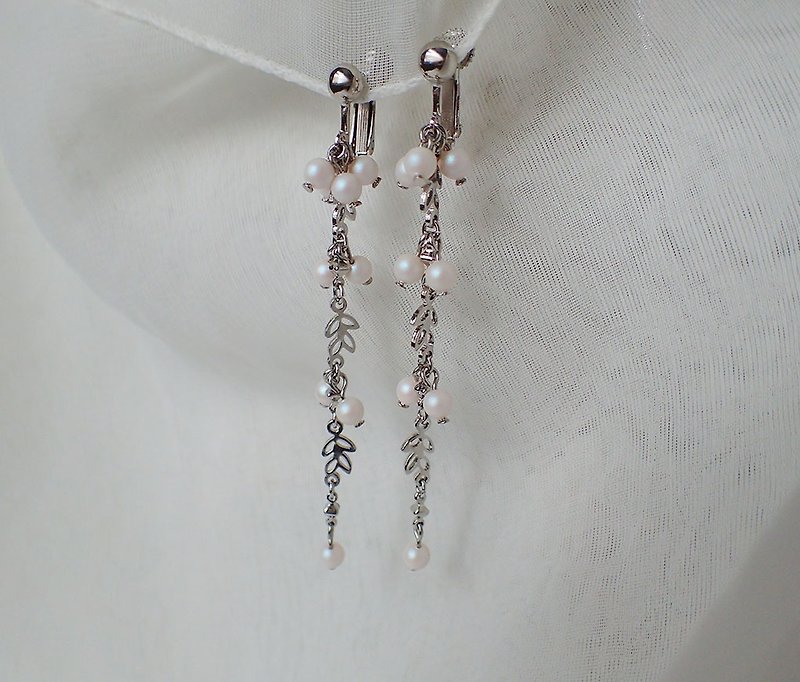 花草風　水晶珍珠　施華洛世奇元素　夾式 耳環 (一對) - 耳環/耳夾 - 玻璃 多色