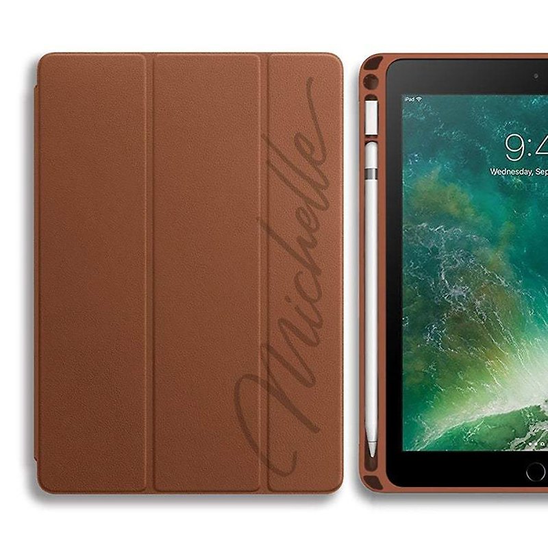 簡約 iPad 保護套 帶 Apple pencil 筆槽 定制名字 - 平板/電腦保護殼 - 人造皮革 咖啡色