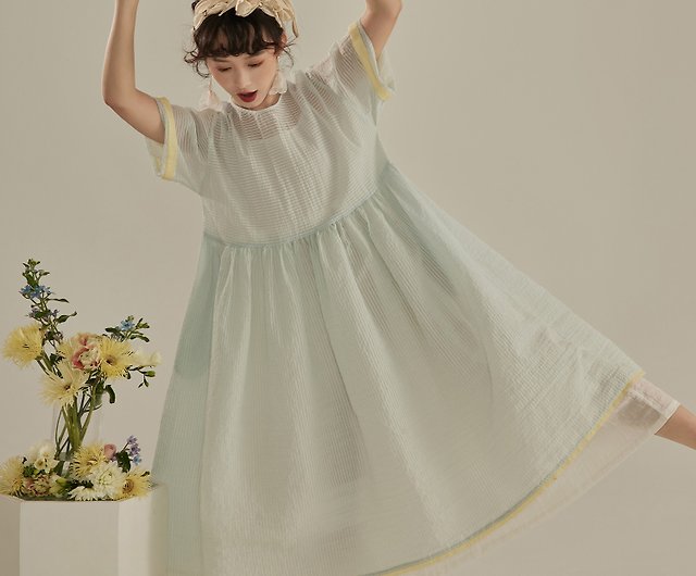 Little Fairy コントラストカラー ストライプ コットンナイロン ドレス