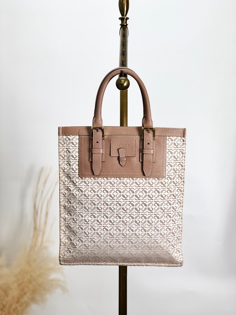 [Direct from Japan, branded used bag] LOEWE all-over print handbag, beige canvas, vintage, old 856hyr - กระเป๋าถือ - ผ้าฝ้าย/ผ้าลินิน สีนำ้ตาล