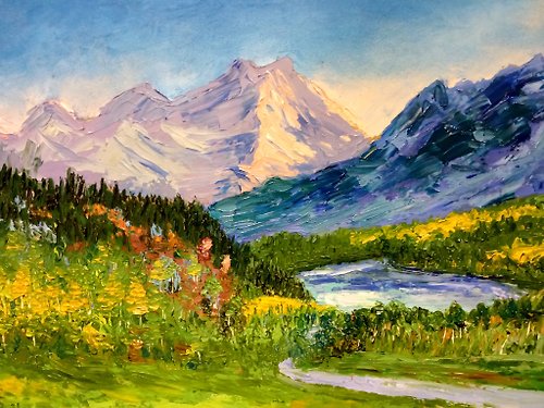 tanycollection Original oil painting Mountain lake. 20x30x0.2 cm. Unframed